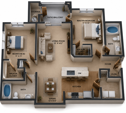 Floor plan for 2 beds, 2 baths, 992 sqft